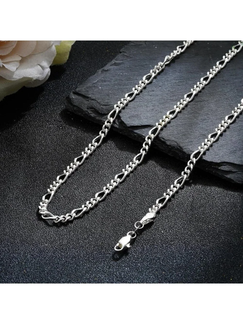 925 Sterling Silver Figaro Chain - Dainty Diamond Cut 4mm Necklace for Men